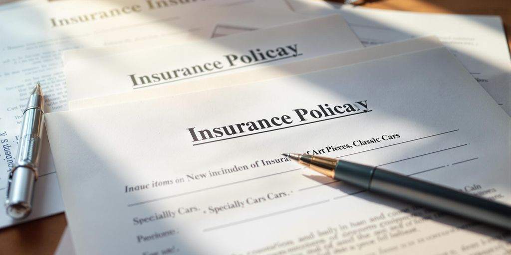 Unique insurance documents on a desk with natural light.