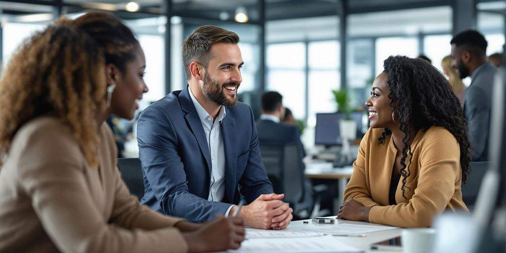 Business team discussing insurance in a modern office.