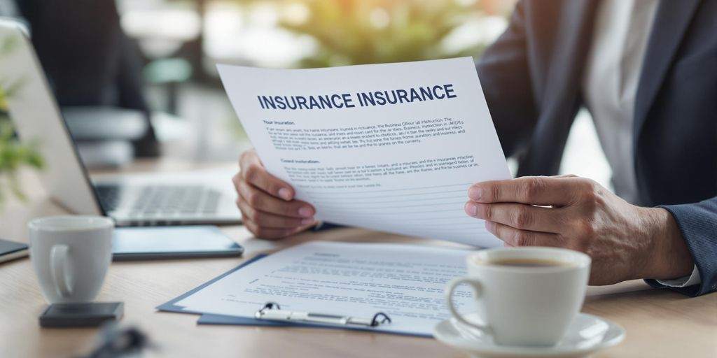 Business person reviewing insurance documents in an office.