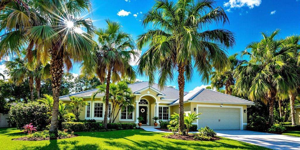 Cozy Florida home with palm trees and sunny sky.