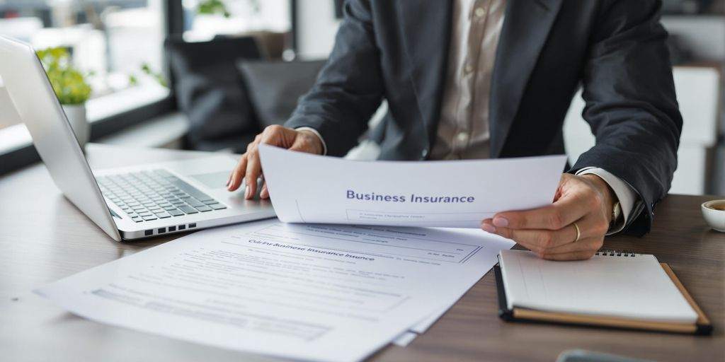 Entrepreneur reviewing business insurance documents in office.