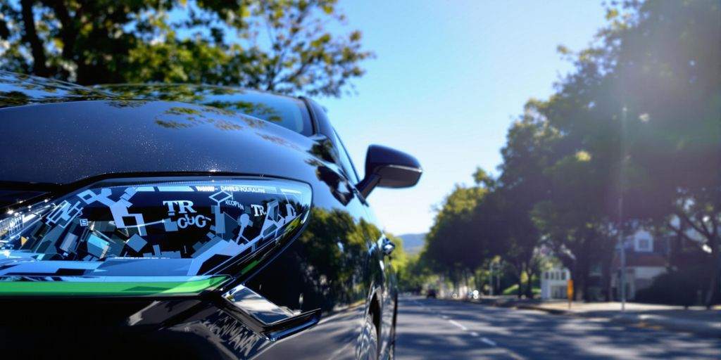 Rental car parked on a sunny street with trees.