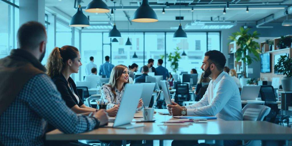 Auto insurance agents in a busy office environment.