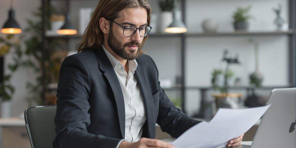 Consultant reviewing documents in a modern office setting.