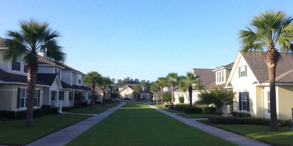 Jacksonville neighborhood with homes, lawns, and palm trees.