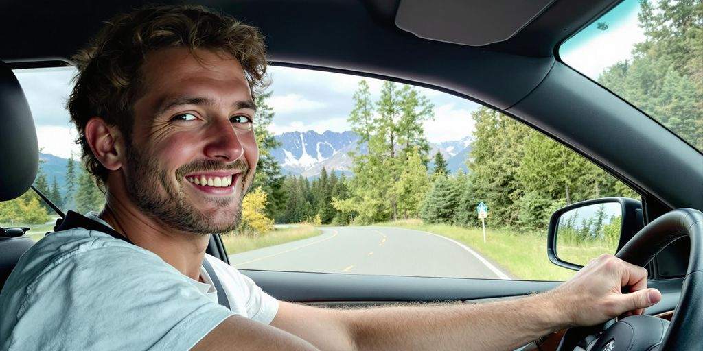 Person driving a friend's car on a scenic road.