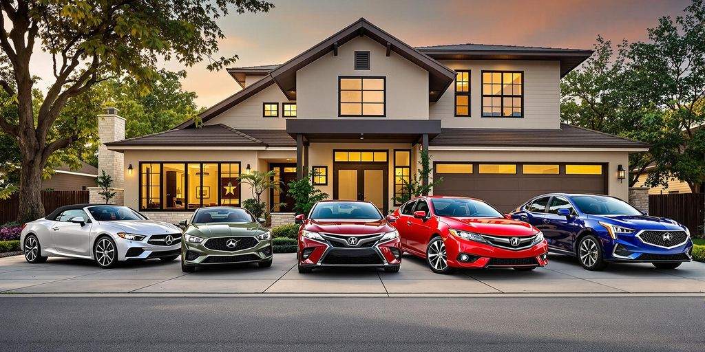 Diverse cars parked in a Texas driveway.