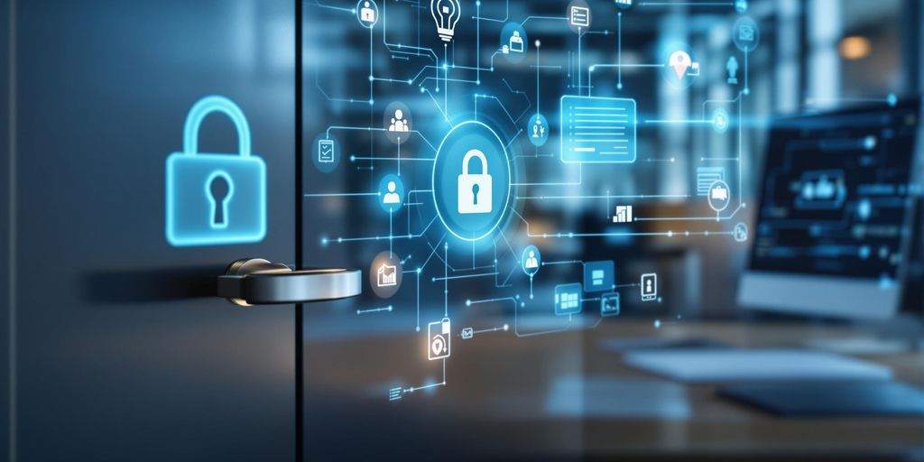 Business office with computers and security measures.