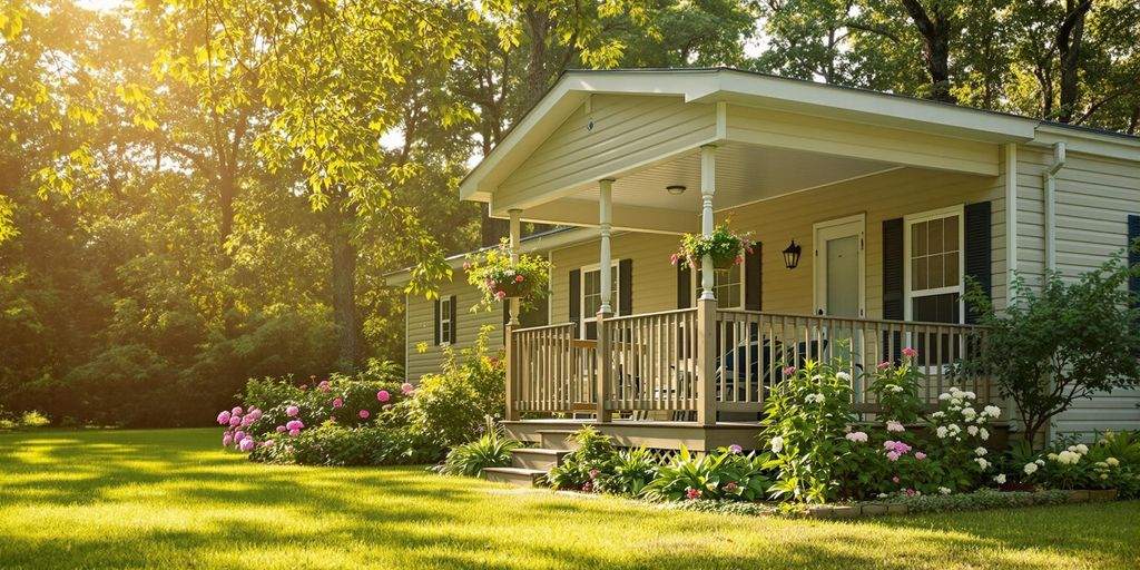 Mobile home in Alabama with greenery and sunlight.