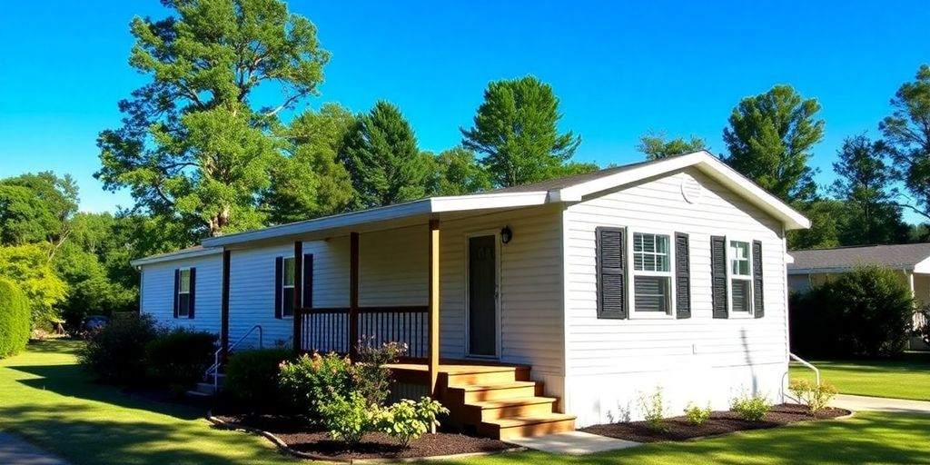 Mobile home in North Carolina surrounded by green trees.