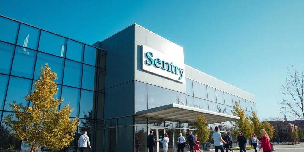 Modern office building with Sentry Insurance logo.