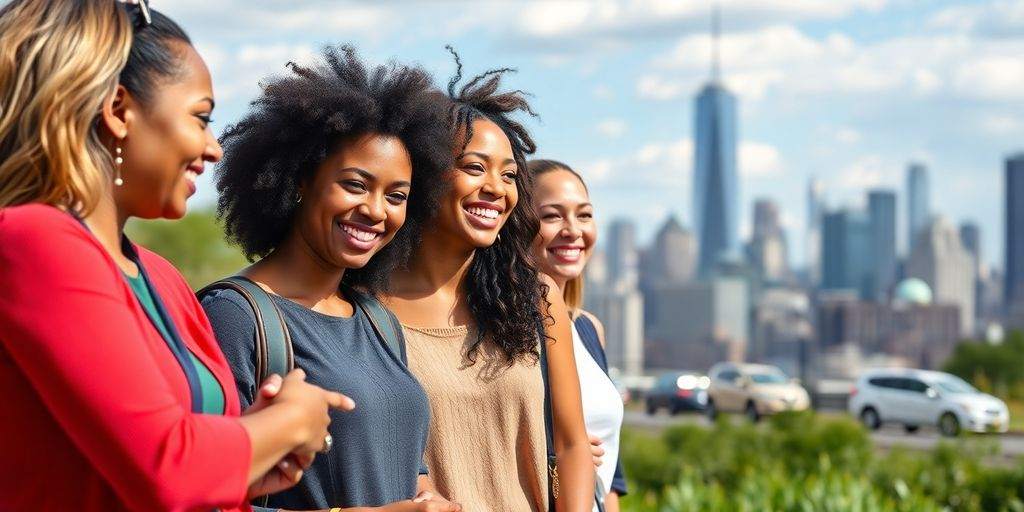 Diverse NYC employees discussing health insurance outdoors.