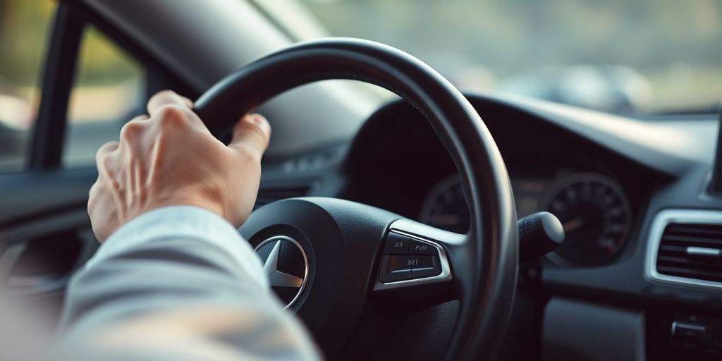 Driver's hand on steering wheel in a car interior.