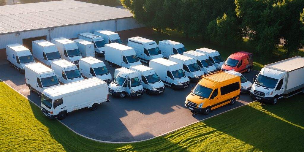 Fleet of commercial vehicles in a secure parking lot.