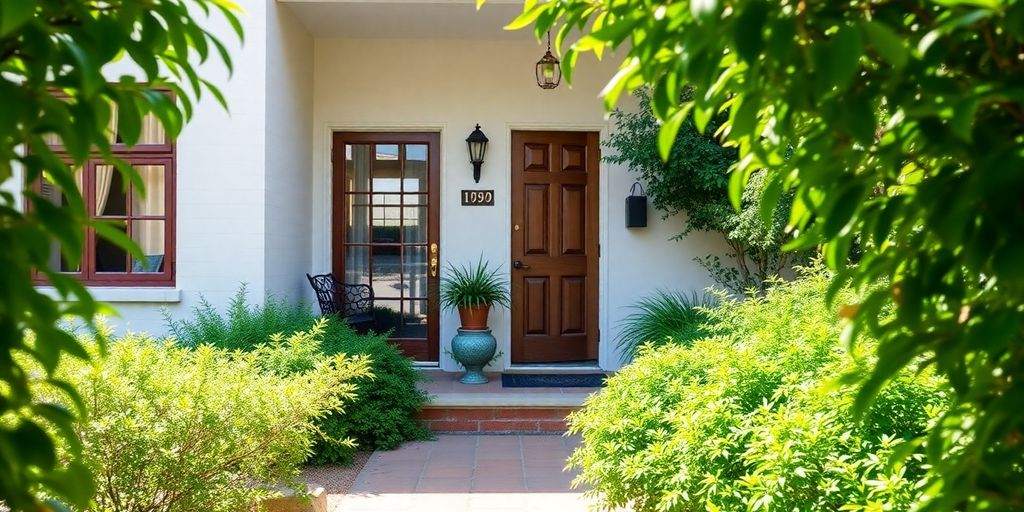 Charming rental property with a welcoming entrance and garden.