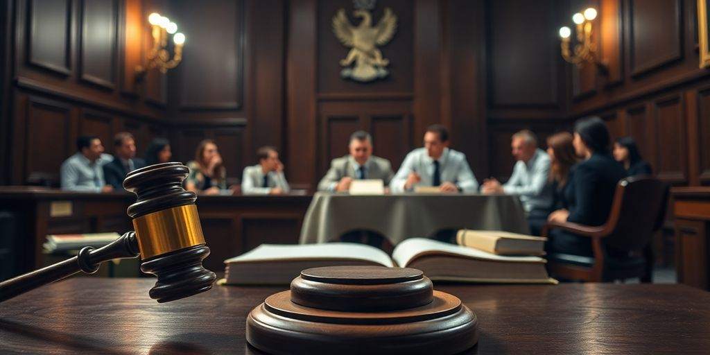Courtroom scene with a gavel and concerned individuals.