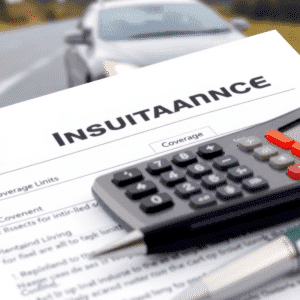 Close-up of a car insurance policy with highlighted coverage limits, a calculator, and a pen, set against a blurred image of a car on the road.