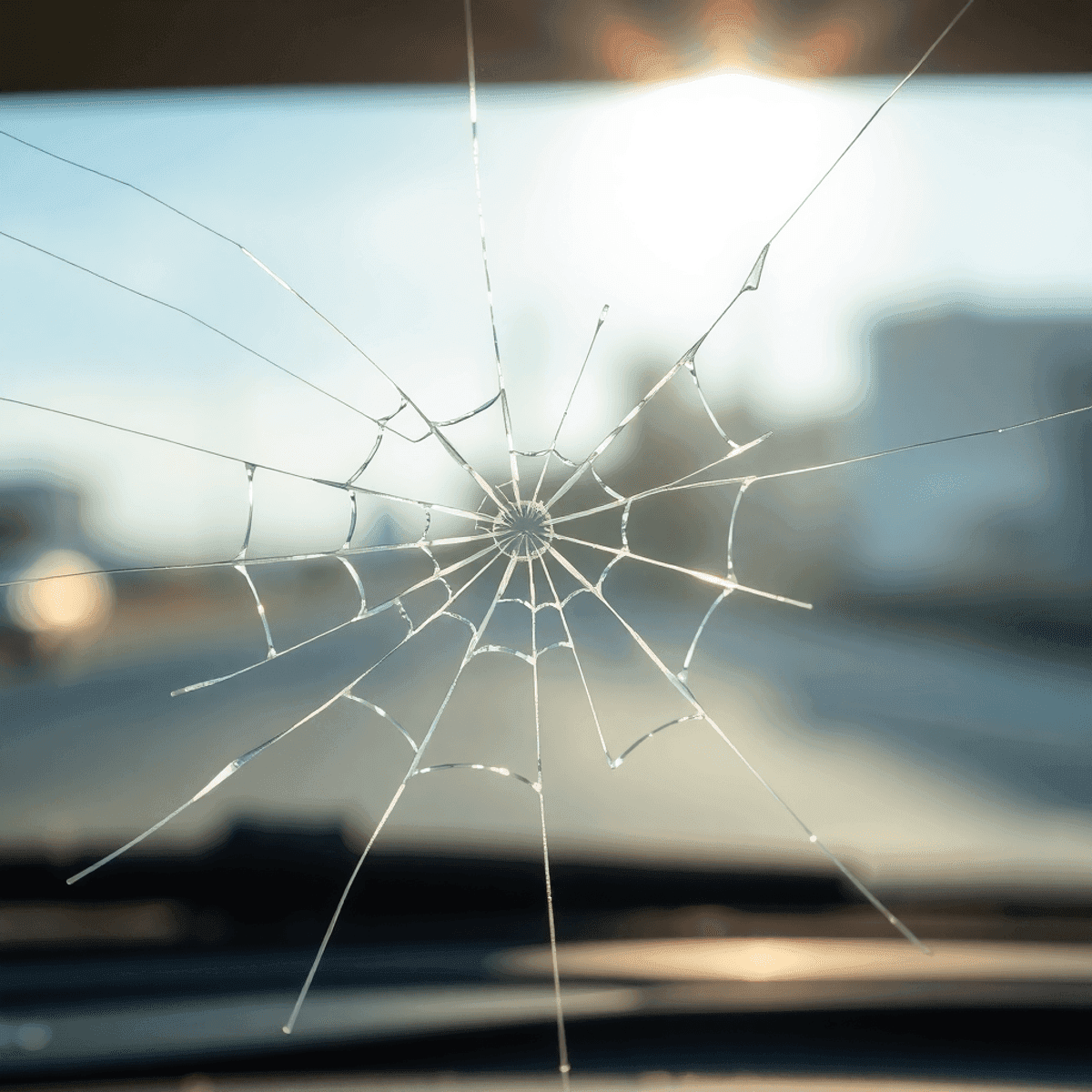 Close-up of a cracked windshield with soft sunlight reflecting off, emphasizing safety and insurance for vehicle owners against a blurred background.