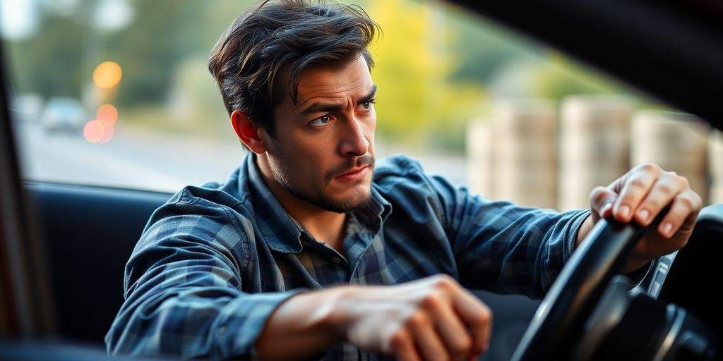 Concerned driver looking at car with rising costs background.