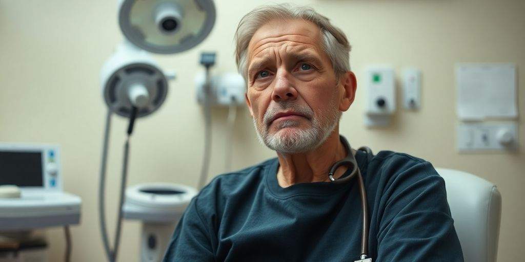 Cancer patient in doctor's office looking hopeful and anxious.