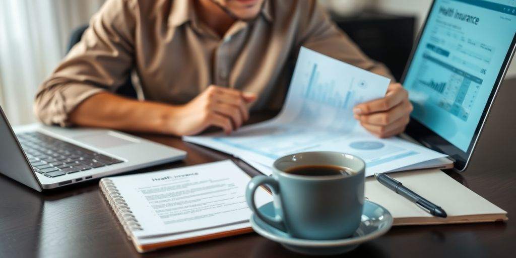 Self-employed person reviewing health insurance paperwork at desk.