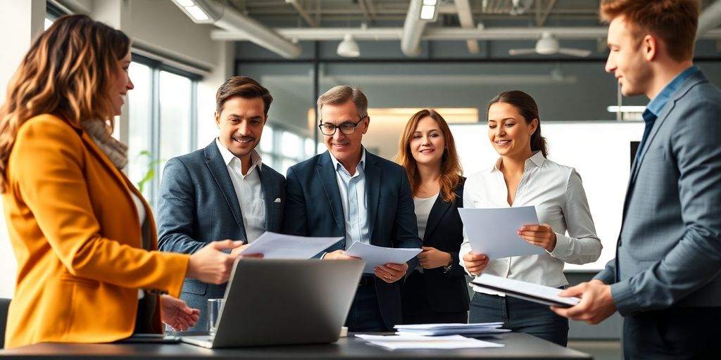 Business team collaborating in a modern office setting.