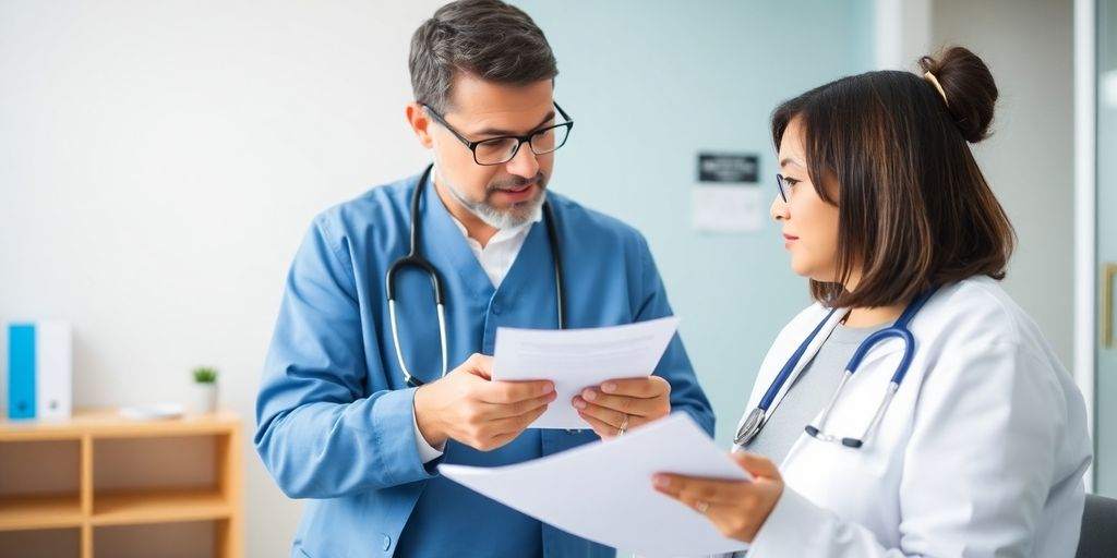 Doctor consulting with patient about health insurance options.