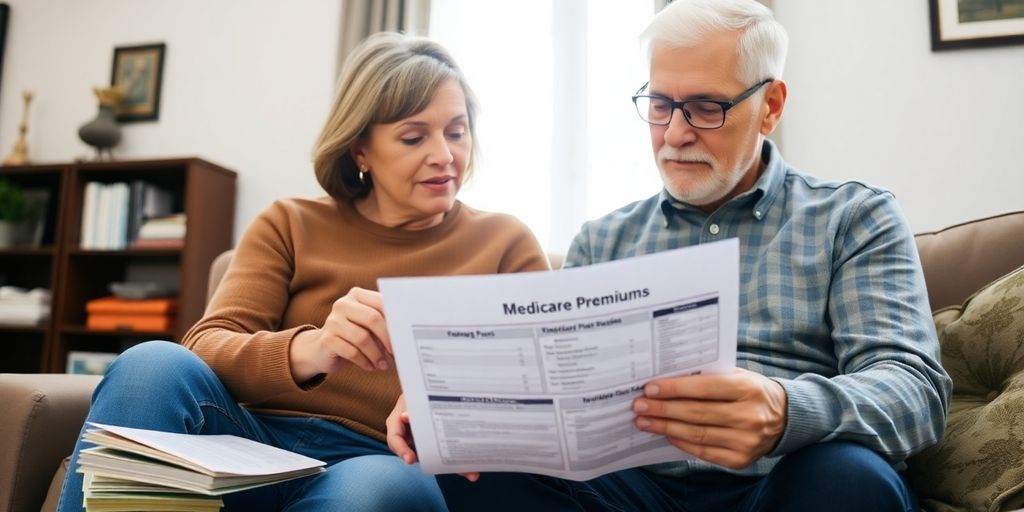Couple discussing Medicare Part B premiums in their home.