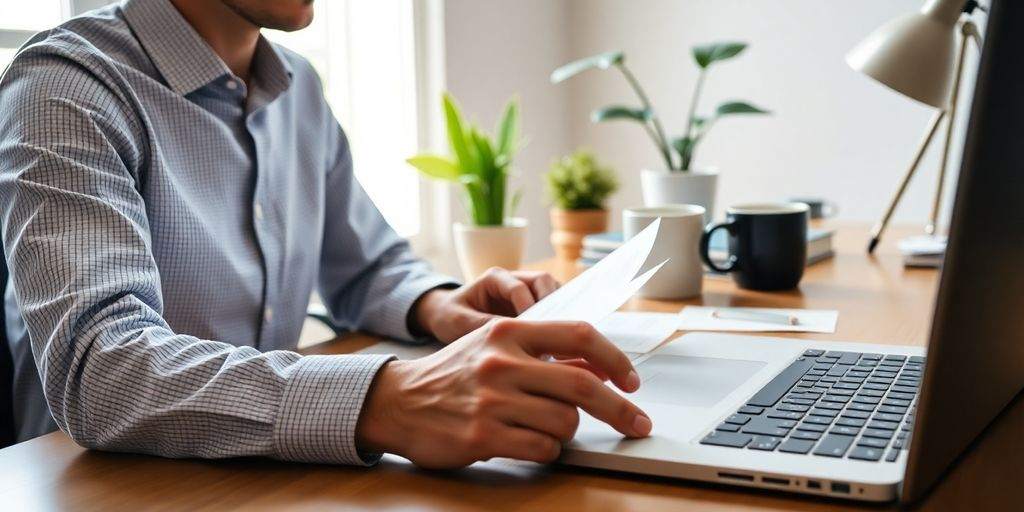 Self-employed person reviewing health insurance documents at desk.