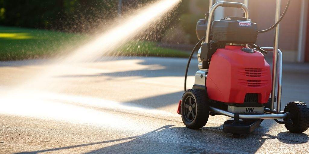 Pressure washer cleaning a driveway under bright sunlight.