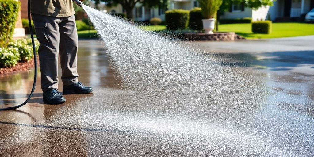 A pressure washer cleaning a driveway under sunlight.