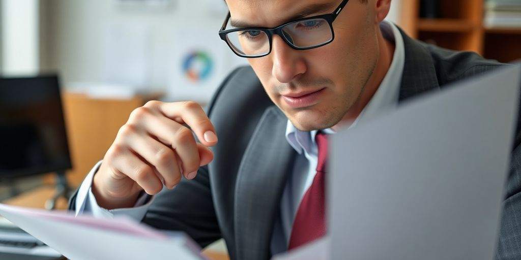 Business professional reviewing documents in an office setting.