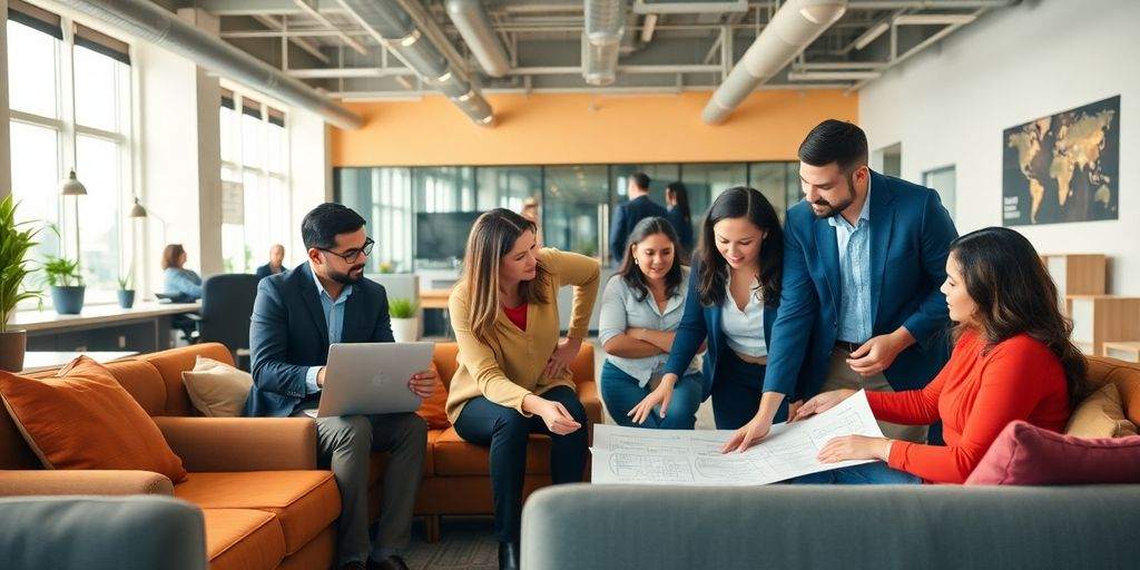 Professional team collaborating in a bright office space.