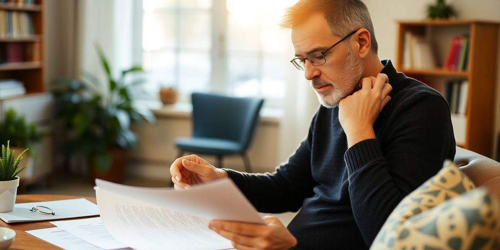 Insurance policy owner studying documents in home office.