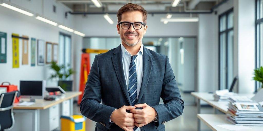 Business owner in office with safety equipment and documents.