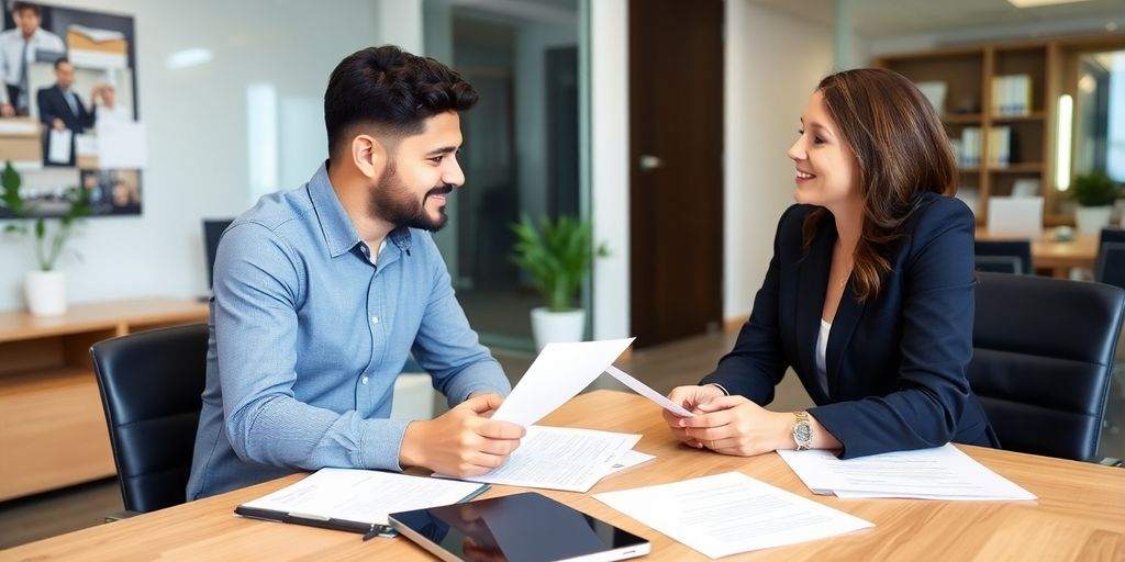 Business owner consulting with insurance agent in office.