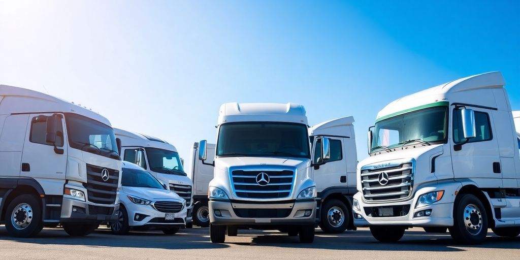 Fleet of commercial vehicles in a secure lot.
