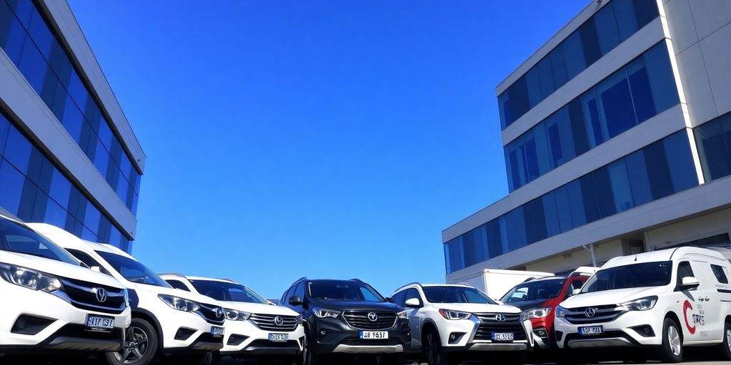 Fleet of vehicles parked outside a modern office building.