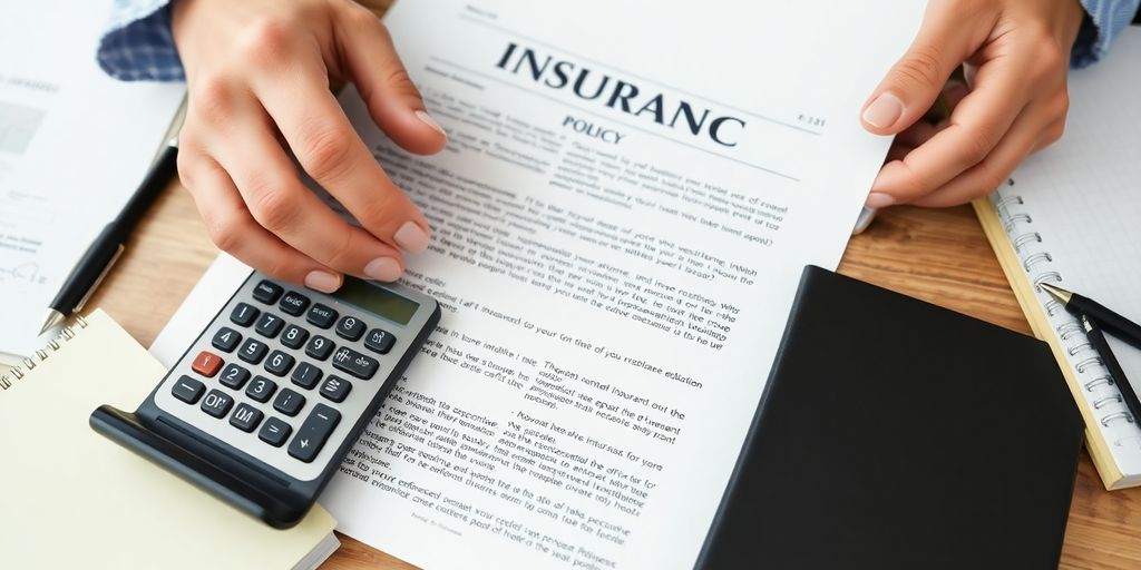 Person reviewing an insurance policy with a calculator and notebook.
