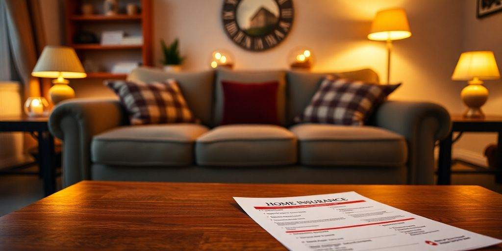 Cozy living room with home insurance paperwork on table.