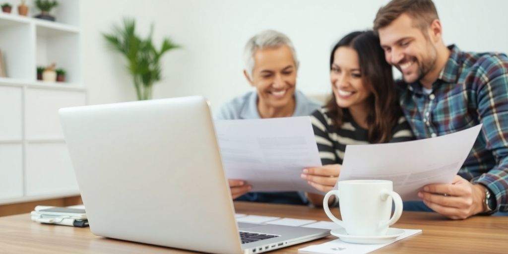 Family reviewing insurance documents at home.