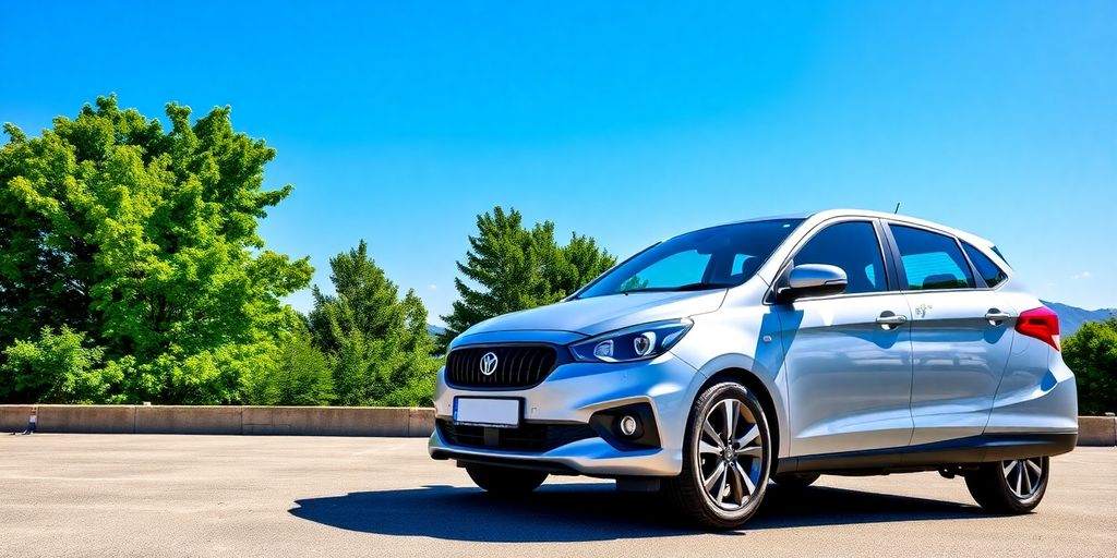 Modern rental car parked in a scenic location.