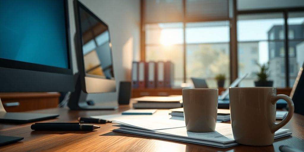 Office desk with computer and documents for business insurance.