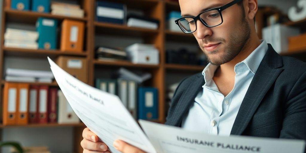 Small business owner reviewing insurance documents in office.