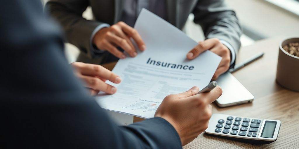 Small business owner analyzing insurance documents at desk.