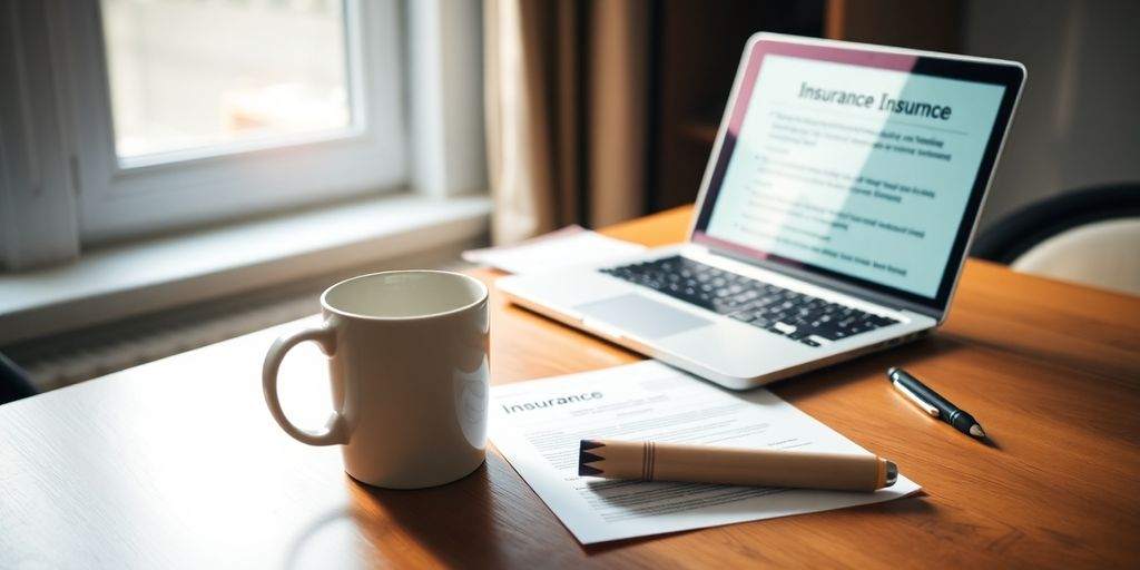 Home office with laptop and insurance documents on desk.