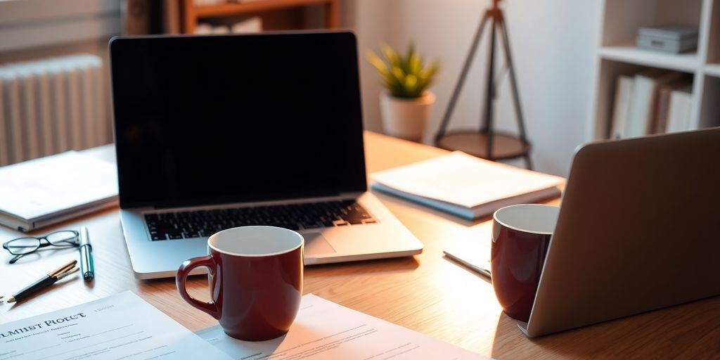 Home office setup with laptop and documents.