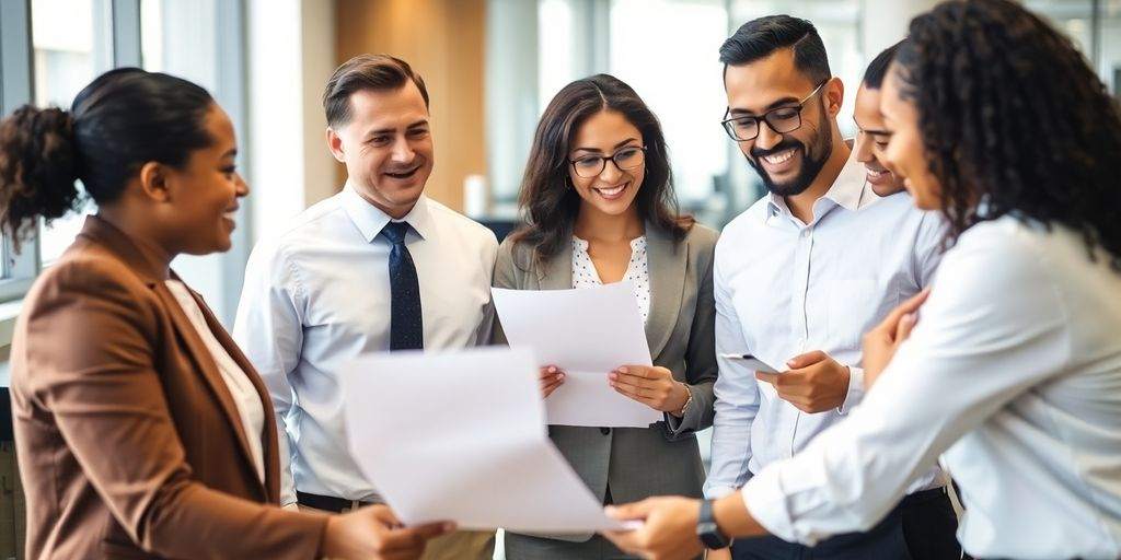 Business professionals reviewing an insurance policy document.