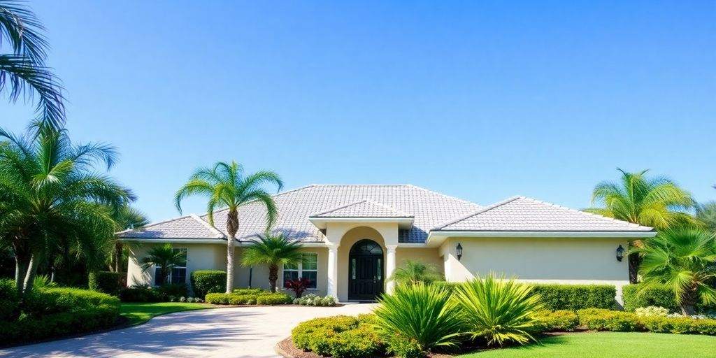 Beautiful Florida home with palm trees and clear sky.