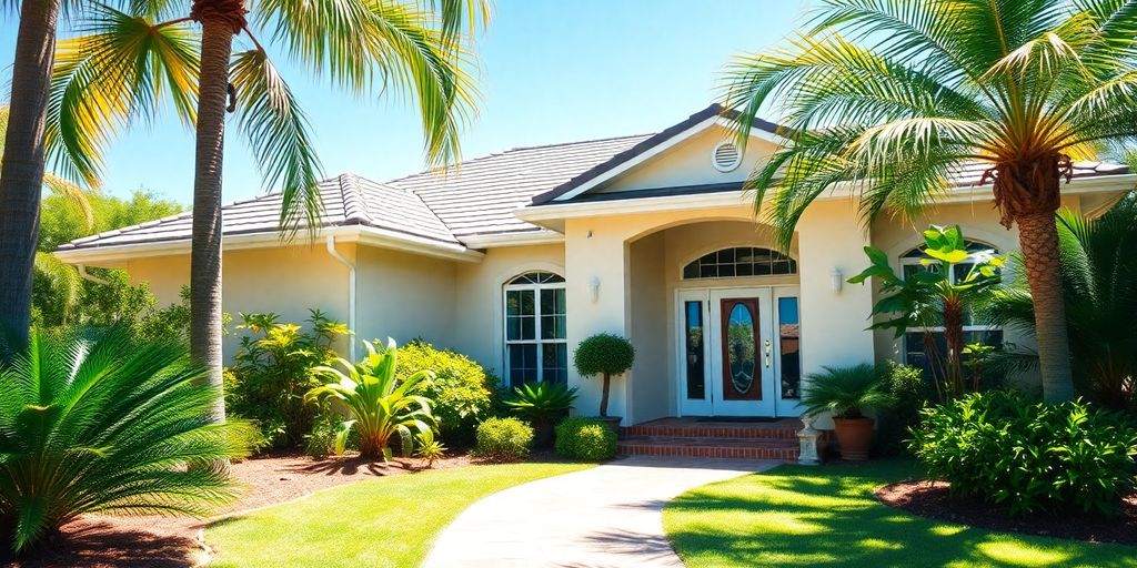 Florida home with tropical plants under clear blue sky.